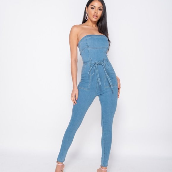 Strapless Denim Jeans Bodycon Jumpsuit Playsuit - Picture 5 of 9